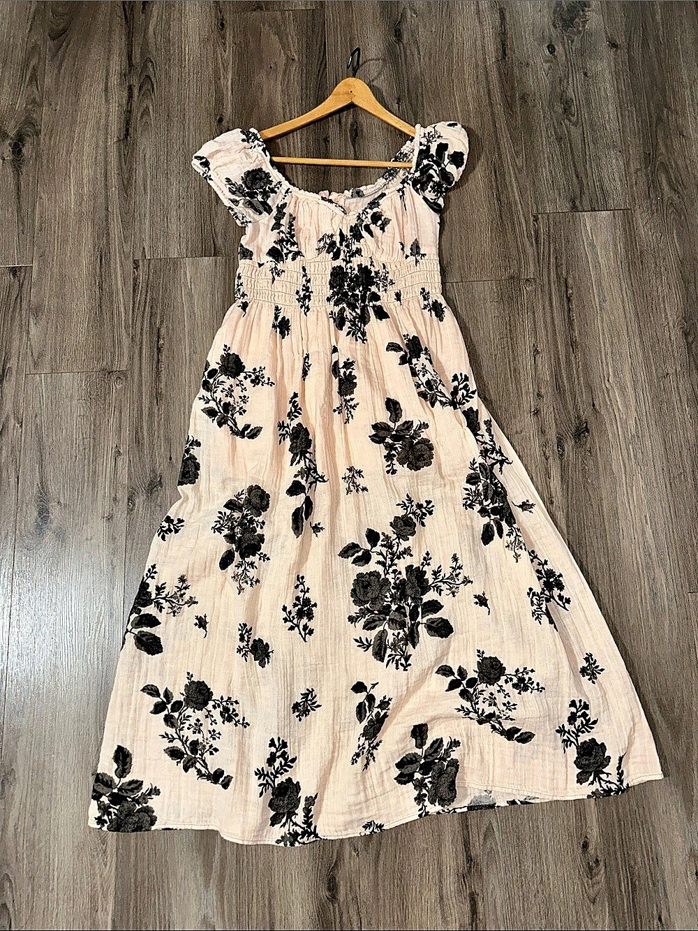 Free People Floral Maxi Dress in Pink & Black Cotton Smocked Bodice